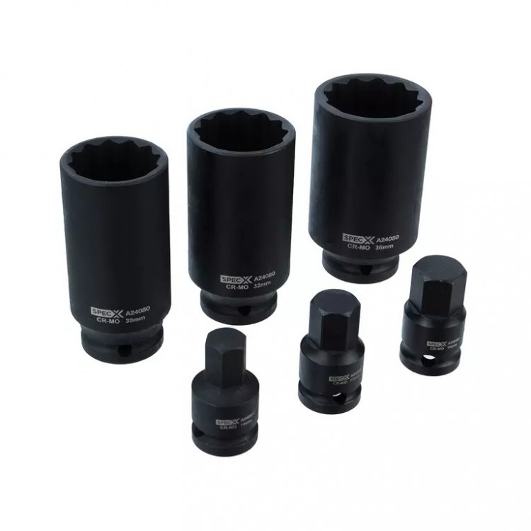 Набор головок 30, 32, 36 мм и шестигранных бит 14, 17, 19 мм для приводных валов Набор головок 30, 32, 36 мм и шестигранных бит 14, 17, 19 мм для приводных валов