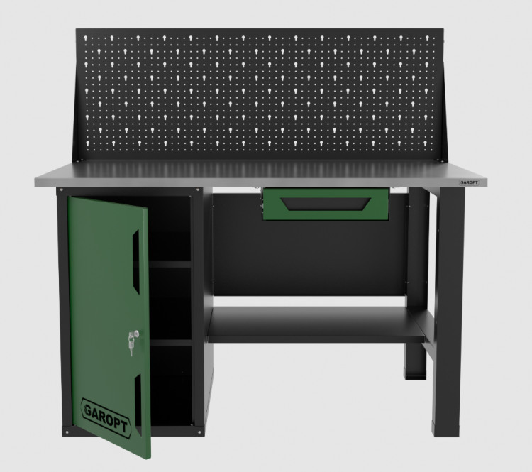 Верстак однотумбовый с ящиком и экраном 1400*700 GAROPT зеленый, GT1400STDY1PP.green