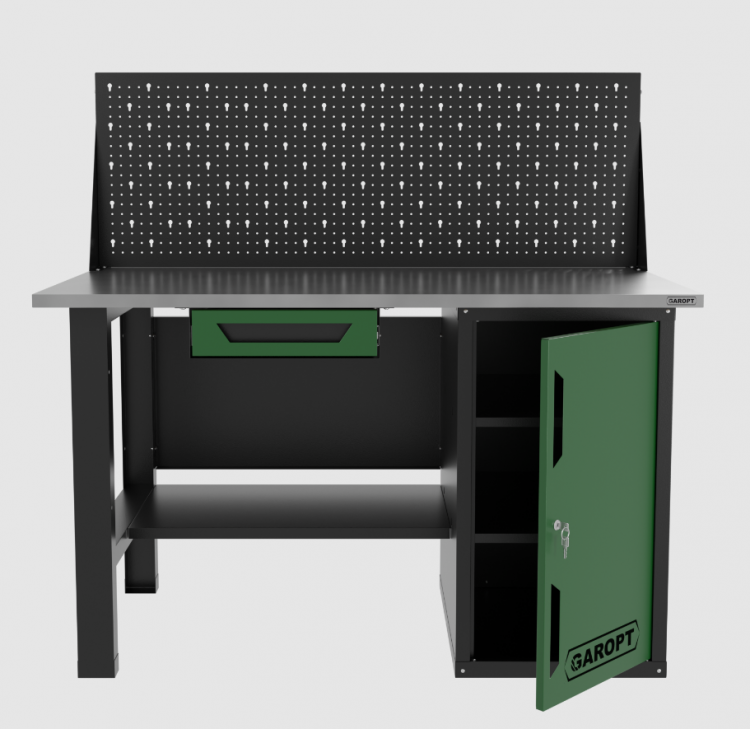 Верстак однотумбовый с ящиком и экраном 1400*700 GAROPT зеленый, GT1400STDY1PP.green
