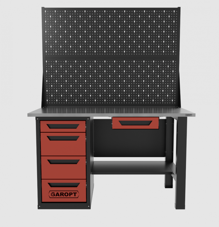 Верстак однотумбовый 4 ящика с ящиком и двумя экранами, красный 1400*700 Garopt, GT1400STY1Y4PP2.red