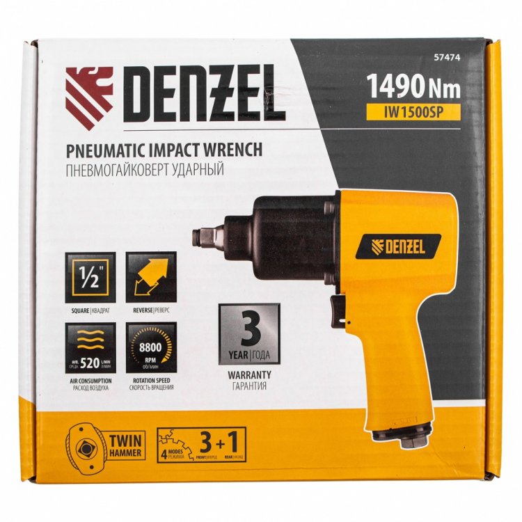 Ударный пневмогайковерт IW1500SP, 1/2", 8800 об/мин, 1490 Нм// Denzel Ударный пневмогайковерт IW1500SP, 1/2", 8800 об/мин, 1490 Нм// Denzel