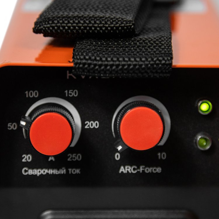 Сварочный аппарат KVAZARRUS 250 - Регулировка форсажа дуги (контроль стабилизации дуги). Горячий старт, антизалипание. Работает от 140В. MMA, розетки 25 мм2, напряжение питания: 220В±15%, Диапазон сварочного тока: 20-250А, ПВ: 60%, ремень для перенос