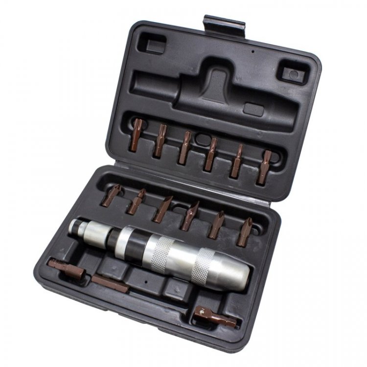 Отвертка ударная с набором бит и адаптерами,17пр.1/2"(F)х5/16"(F) 5/16"(М)x1/2"(М)(PH2,3;PZ2,3;SL9,11мм;Torx 25,30,40,45,50;Hex 6,8,10ммх35мм)в кейсе