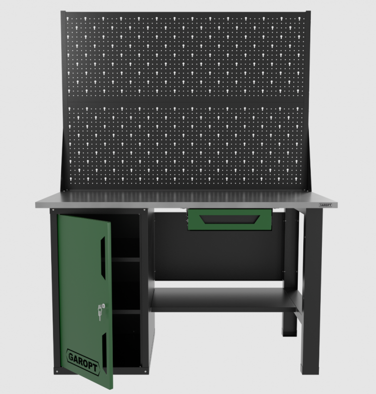 Верстак однотумбовый с ящиком и двумя экранами 1400*700 GAROPT зеленый, GT1400STDY1PP2.green