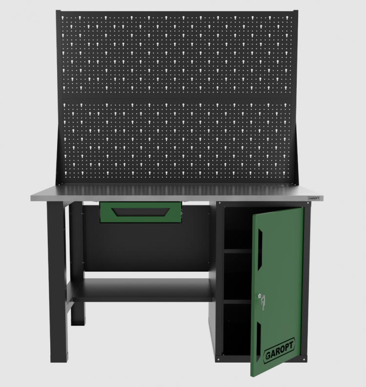 Верстак однотумбовый с ящиком и двумя экранами 1400*700 GAROPT зеленый, GT1400STDY1PP2.green