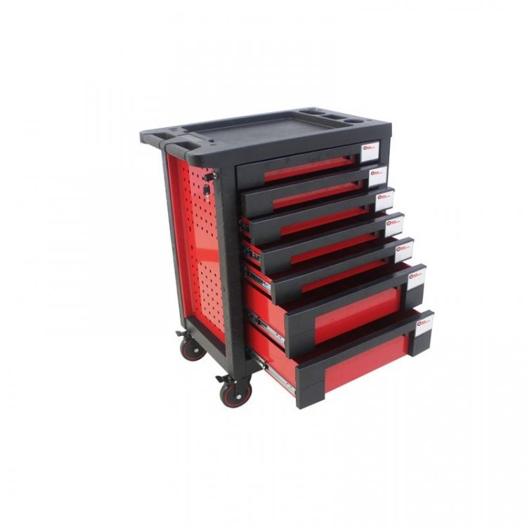 Тележка инструментальная 7-и полочная(красная) с пластиковой защитой корпуса+2боковые перфорации,460х770х980(полки:65х400х530-5шт,140х400х530мм-2шт)