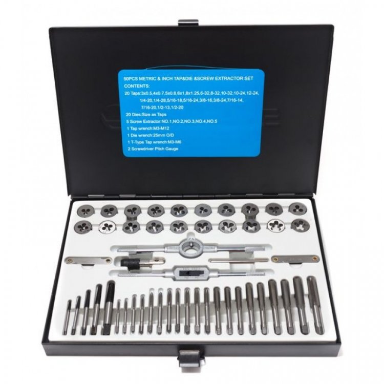 Набор метчиков и плашек 50пр.(М3х0.5,4х0.7,5х0.8,6х1.0,8х1.25;6,8,10-32;10,12-24;1/4-20/28,5/16-18/24,3/8-16/24,7/16-14/20,1/2-13,1/2-20)в метал.кейсе Набор метчиков и плашек 50пр.(М3х0.5,4х0.7,5х0.8,6х1.0,8х1.25;6,8,10-32;10,12-24;1/4-20/28,5/16-18/24,3/8-16/24,7/16-14/20,1/2-13,1/2-20)в метал.кейсе