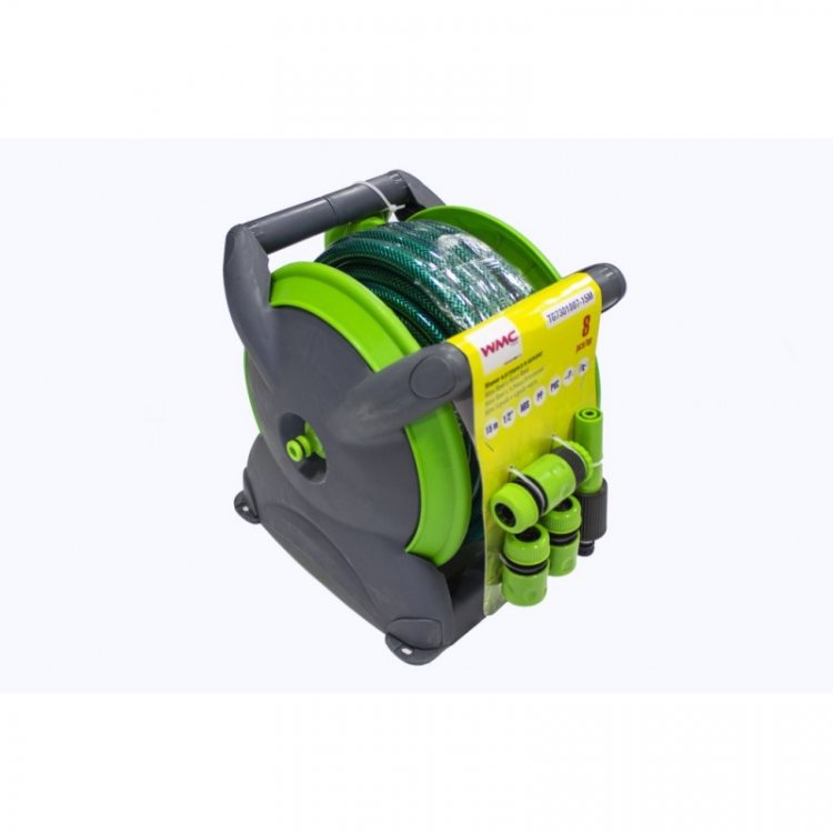 Катушка пластмассовая переносная со шлангом ПВХ 12ммх15м+пистолет распылитель и 3 быстроразъема