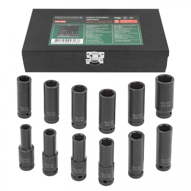 Набор головок ударных глубоких 12пр.,1/2" 6гр.(10,12-19,21,22,24мм), в металлическом кейсе