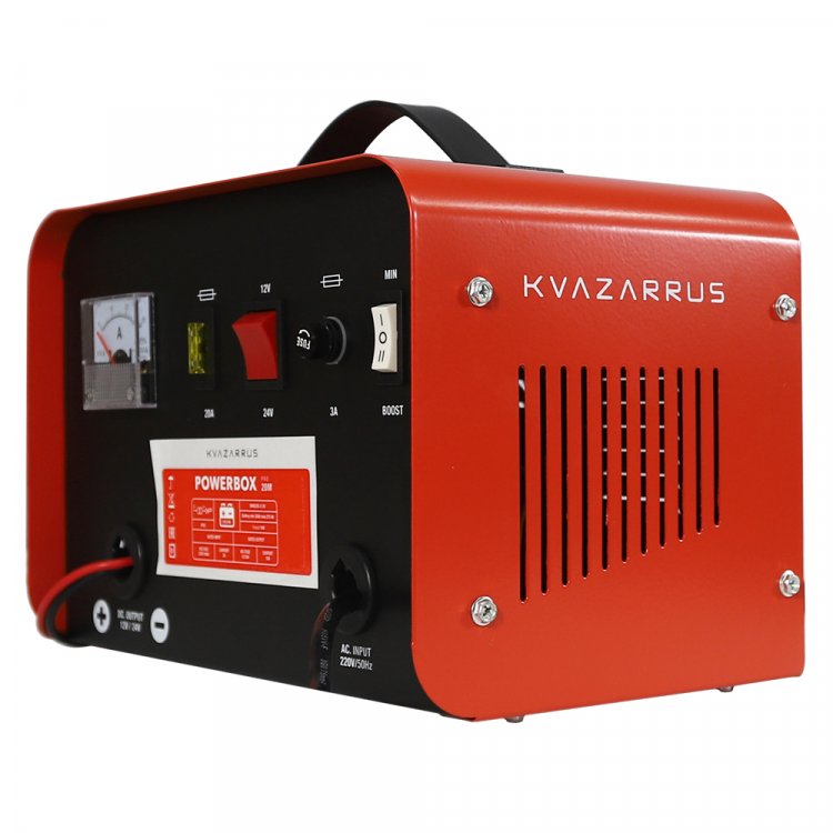 Зарядное устройство KVAZARRUS PowerBox 20M - Напряж. питан. - 220В/50Гц, потреб.ток - 2А, Заряж.аккум 12/24В, АЧ 30-210, ток заряд 15А-18А, напряж.заряда 12/24: 14.5-14.8/29-29.6, ток запуска 12/24 - НЕТ, защита от перегрева, темп.-20С - +40С, длина