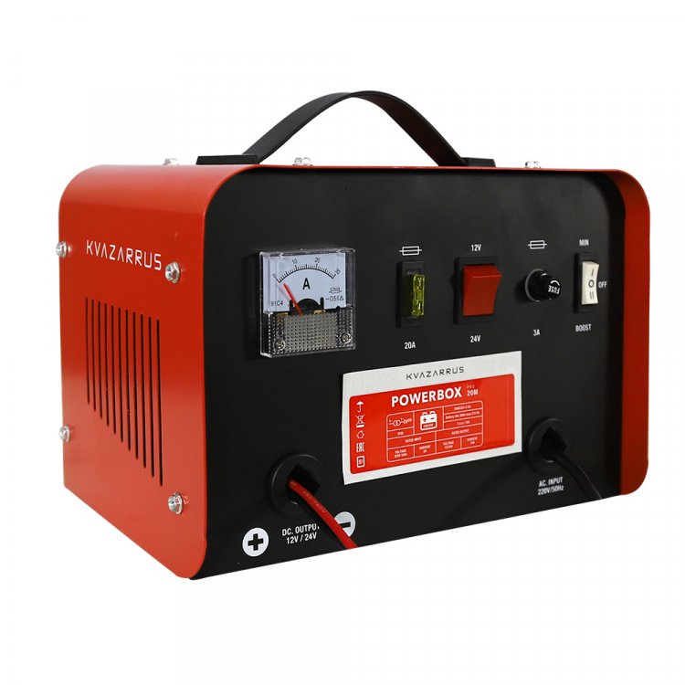 Зарядное устройство KVAZARRUS PowerBox 20M - Напряж. питан. - 220В/50Гц, потреб.ток - 2А, Заряж.аккум 12/24В, АЧ 30-210, ток заряд 15А-18А, напряж.заряда 12/24: 14.5-14.8/29-29.6, ток запуска 12/24 - НЕТ, защита от перегрева, темп.-20С - +40С, длина