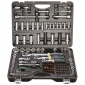Набор инструментов 150+6пр.1/4"3/8" 1/2"(6-гр.)(4-36мм; 3/8":10-19мм 12гр.; 1/2":27,30,32,36-12гр.)+(биты 5/16":М6,8,10,12,14; гибкий удлинитель 1/4")