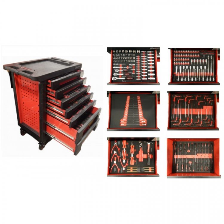 Тележка с набором инструментовCr-V 248пр,(красная)с пластиковой защитой корпуса+2боковые перфорации460х770х980(полки:65х400х530-5шт,140х400х530мм-2шт)