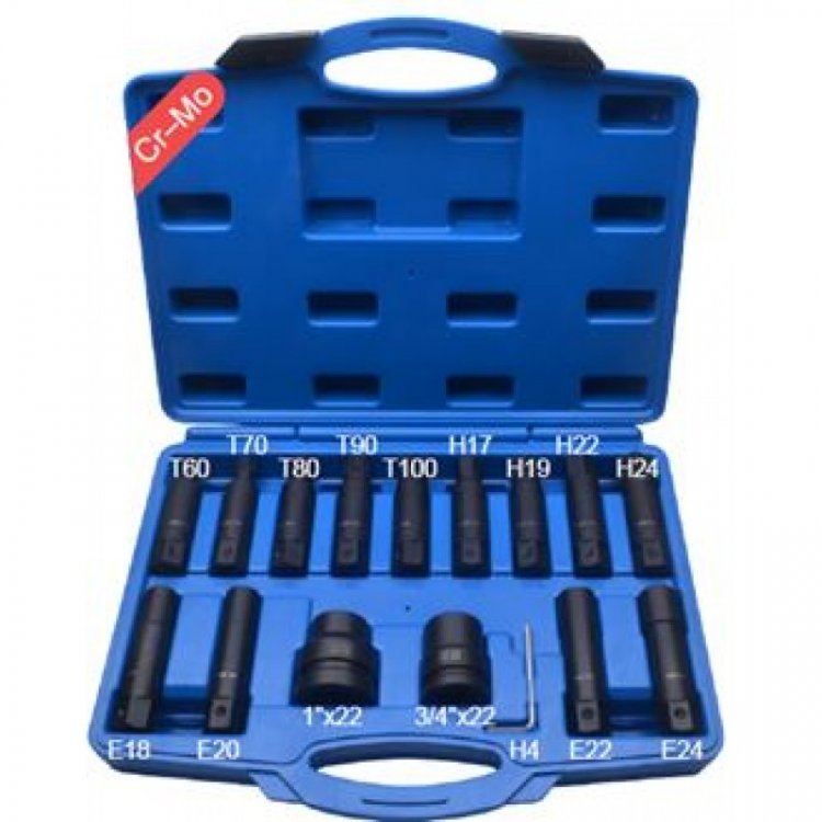 Набор бит и головок удлиненных ударных  с адаптерами 3/4",1"(TORX:60,70,80,90,100; HEX: 17,19,22,24; головки Е-профиль: 18,20,22,24)16пр., в кейсе