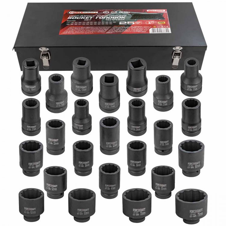 Набор головок ударных глубоких 25пр. 1" 12гр. (17,19,21,22мм 4-гранные под футорку;17,19,21,22,24,27,30,32,33,34,36,38,41,46,50,52,55,60,65,70,75мм)