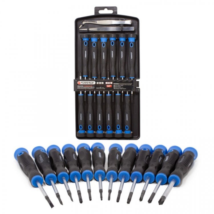 Набор отверток ювелирных с пинцетами 14пр.(SL: 1.5, 2.0, 2.5 PH: 00, 0 ,1 TORX: T5, T6, T7, T8, T9, T10), в пластиковом держателе