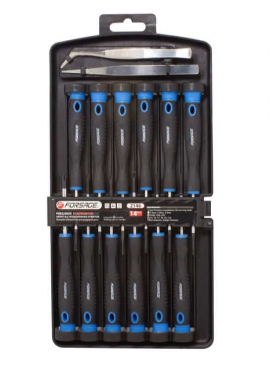 Набор отверток ювелирных с пинцетами 14пр.(SL: 1.5, 2.0, 2.5 PH: 00, 0 ,1 TORX: T5, T6, T7, T8, T9, T10), в пластиковом держателе