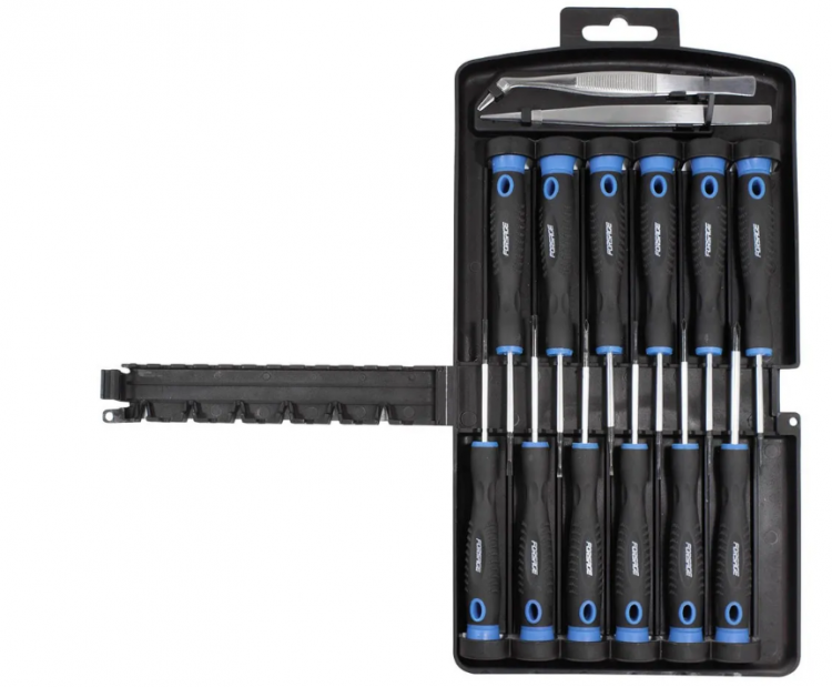 Набор отверток ювелирных с пинцетами 14пр.(SL: 1.5, 2.0, 2.5 PH: 00, 0 ,1 TORX: T5, T6, T7, T8, T9, T10), в пластиковом держателе