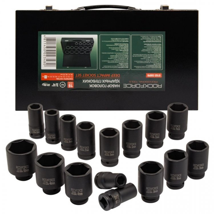 Набор головок ударных глубоких 16пр., 3/4" (17,19,21,22,24,27,30,32-36м,38,41,46,50мм) в метал. кейсе Набор головок ударных глубоких 16пр., 3/4" (17,19,21,22,24,27,30,32-36м,38,41,46,50мм) в метал. кейсе