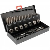 Набор метчиков и плашек 32 пр(М3х0.5,М4х0.7,М5х0.8,М6х1,М8х1.25,М10х1.5,М12х1.75), в металлическом кейсе Набор метчиков и плашек 32 пр(М3х0.5,М4х0.7,М5х0.8,М6х1,М8х1.25,М10х1.5,М12х1.75), в металлическом кейсе