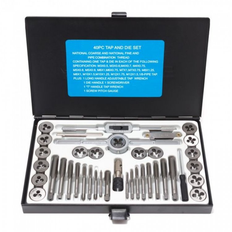Набор метчиков и плашек метрич. 40пр(М3х0.5/0.6, М4х0.7/0.75, М5х0.8/0.9, М6х0.75/1, М7х0.75/1,М8х1/1.25, М10х1.25/1.5, М12х1.5/1.75)в метал. кейсе