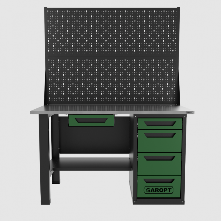 Верстак однотумбовый 4 ящика с двумя экранами и ящиком, зеленый 1400*700 Garopt, GT1400STY1Y4PP2.green
