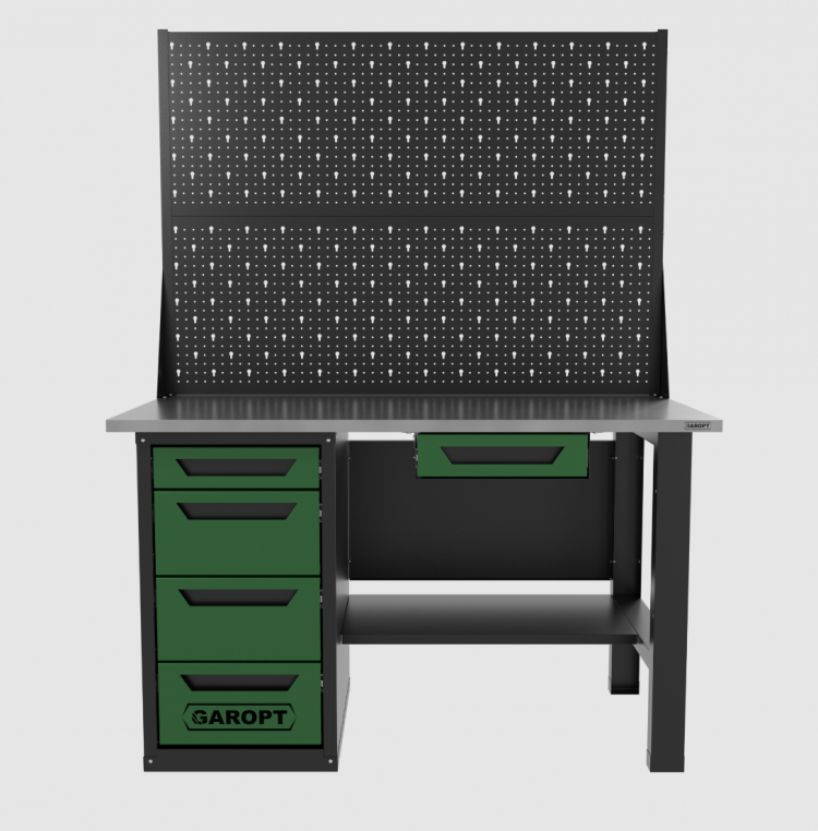 Верстак однотумбовый 4 ящика с двумя экранами и ящиком, зеленый 1400*700 Garopt, GT1400STY1Y4PP2.green