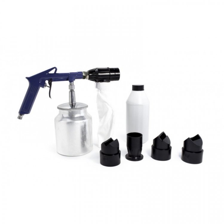 Пистолет пескоструйный пневматический со сменными насадками и песком(бачок-1л,сопло-3.2,давление 6-8bar,170 л/мин) Пистолет пескоструйный пневматический со сменными насадками и песком(бачок-1л,сопло-3.2,давление 6-8bar,170 л/мин)