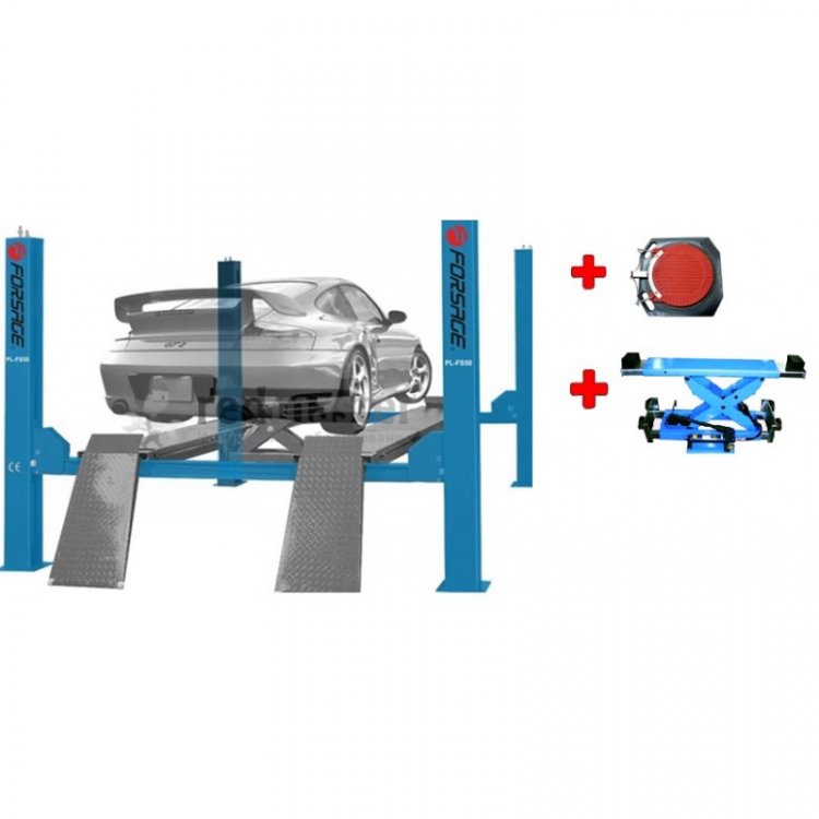Подъемник четырехстоечный электрогидравлический с удлиненной базой г/п 5т в комплекте с траверсой и поворотными кругами (380В)