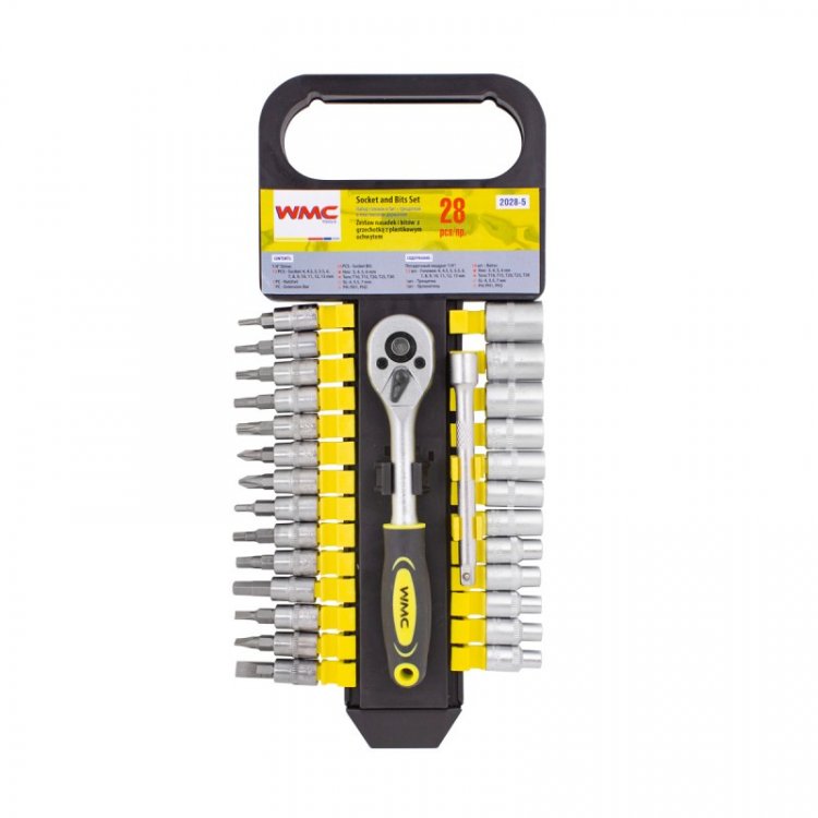 Набор головок и бит с трещоткой 28пр. 1/4''(4-13мм, Torx:T10,15,20,25,30, Hex:3-6мм,SL:4,5.5,7мм, PH1,2),в пластиковом держателе