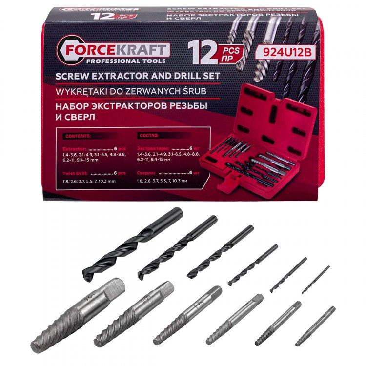 Экстракторы для извлечения заломанных болтов/гаек в комплекте со сверлами, набор 12пр.
