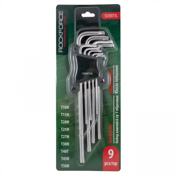 Набор ключей Г-образных TORX экстра длинных, 9пр. (Т10Н, Т15Н, Т20Н, Т25Н,Т27Н, Т30Н, Т40Т, Т45Н,Т50Н с отверстием) в пластиковом держателе