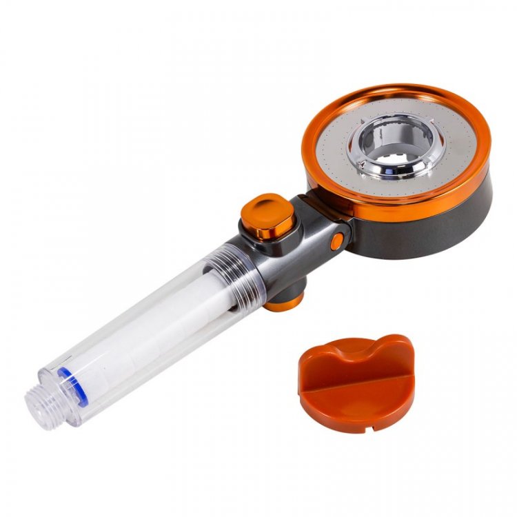 Лейка душевая двухсторонняя шарнирная с кнопкой подачи воды (АБС-пластик/нерж.сталь;L-26см;ø-9см;0-80°С;3 режима;очистка от хлора)