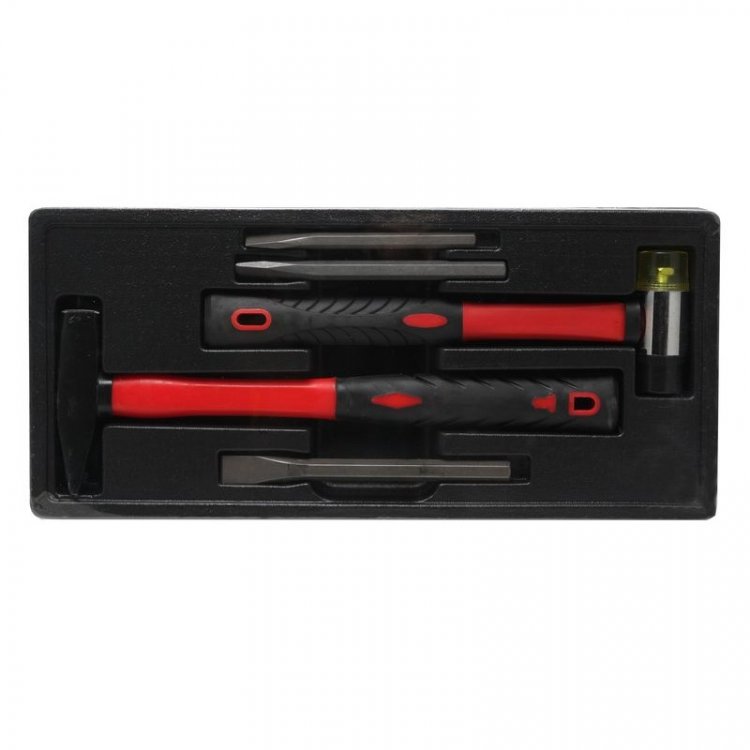 Набор ударно-режущего инструмента (зубило:10ммх125мм,14ммх145мм,15ммх160мм, молоток 800гр., молоток со сменными пластм.насадками), 5пр в лотке Набор ударно-режущего инструмента (зубило:10ммх125мм,14ммх145мм,15ммх160мм, молоток 800гр., молоток со сменными пластм.насадками), 5пр в лотке