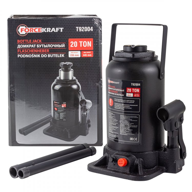 Домкрат бутылочный 20т с клапаном (h min-235мм, h max-445мм) Домкрат бутылочный 20т с клапаном (h min-235мм, h max-445мм)