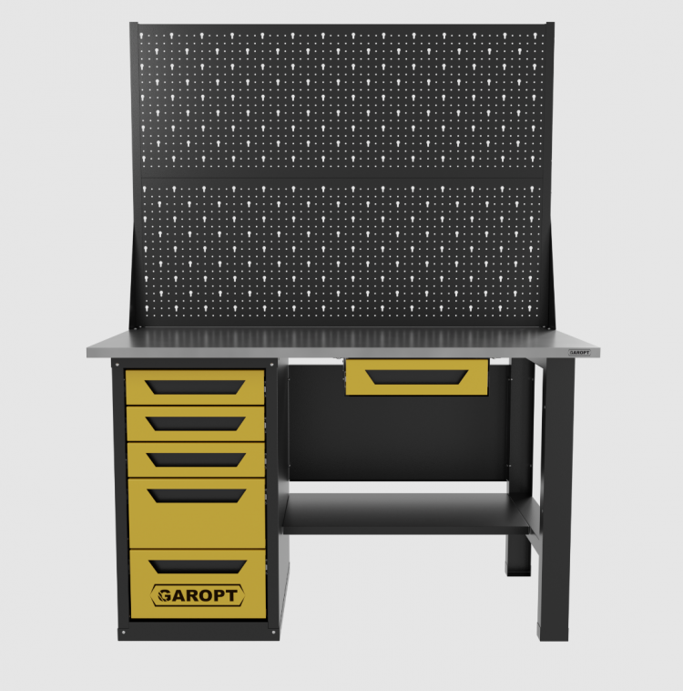 Верстак однотумбовый 5 ящиков с двумя экранами и ящиком, желтый 1400*700 Garopt, GT1400STY1Y5PP2.yell
