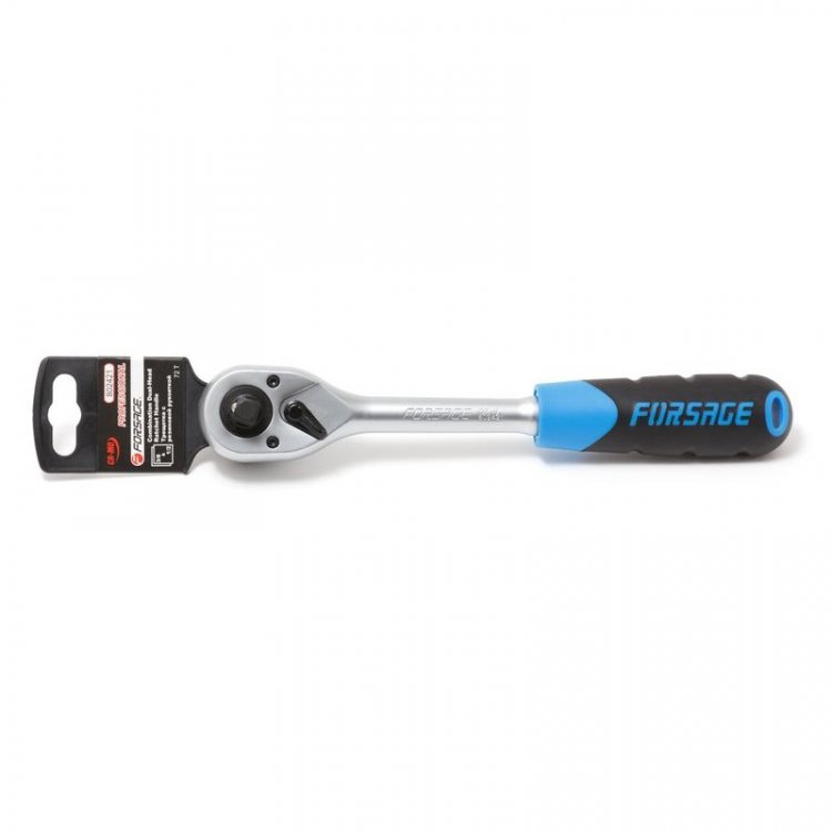 Трещотка реверсивная двухсторонняя с резиновой ручкой 1/2"-3/8" (L-250мм,72зуб.)в пластиковом держателе