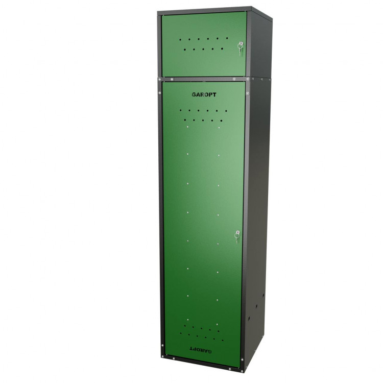 Шкаф для раздевалок GT205SHP.GREEN (500мм х 500мм х 1936мм) ЗЕЛЕНЫЙ . Секция для обуви, двойная секция для курток с перекладиной под вешалки, верхняя антресоль с отдельным замком для головных уборов и сумок (4)