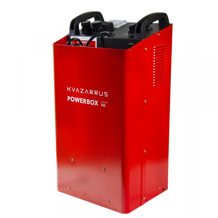 Пуско-зарядное устройство KVAZARRUS PowerBox 700 - Напряж.пит -220В/50Гц, Мах. потреб мощ. - 1.7заряд/12старт, Мин. ёмкость заряж. аккум 12/24В -20АЧ, номинал ЁЗК 12/24В - 60-900АЧ, Мах ток заряда 12/24В - 60А, напряж. заряда 12/24В - 14.5-14.8/29-29