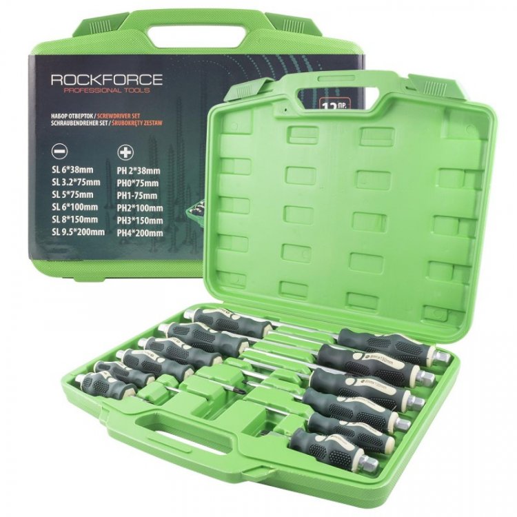 Набор отверток силовых ударных магнитных 12пр. (SL: 6х38,3.2х75,5х75,6х100,8х150,9.5х200мм PH: 2х38,0х75, 1х75, 2х100, 3х150, 4х200мм), в кейсе