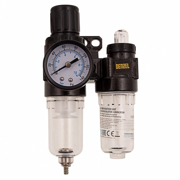 Блок подготовки воздуха регулятор-фильтр-лубрикатор FLR1500, 10 бар, 1500 л/мин, 1/4"// Denzel Блок подготовки воздуха регулятор-фильтр-лубрикатор FLR1500, 10 бар, 1500 л/мин, 1/4"// Denzel