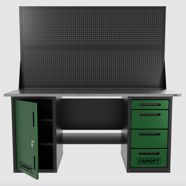 Верстак двухтумбовый дверь/4 ящиков с двумя экранами, зеленый 1800*700 Garopt, GT1800DY4PP2.green Верстак двухтумбовый дверь/4 ящиков с двумя экранами, зеленый 1800*700 Garopt, GT1800DY4PP2.green