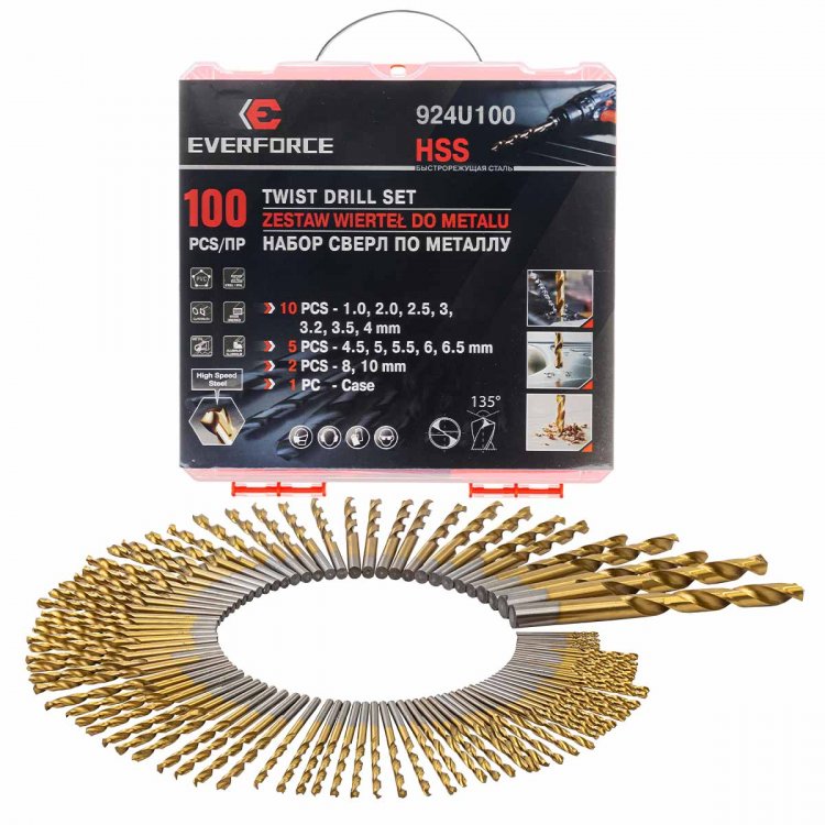 Набор сверл по металлу,100пр.(1,2,2.5,3,3.2,3.5,4-по 10шт;4.5,5,5.5,6,6.5-по 5шт;8,10-по 2шт)в кейсе