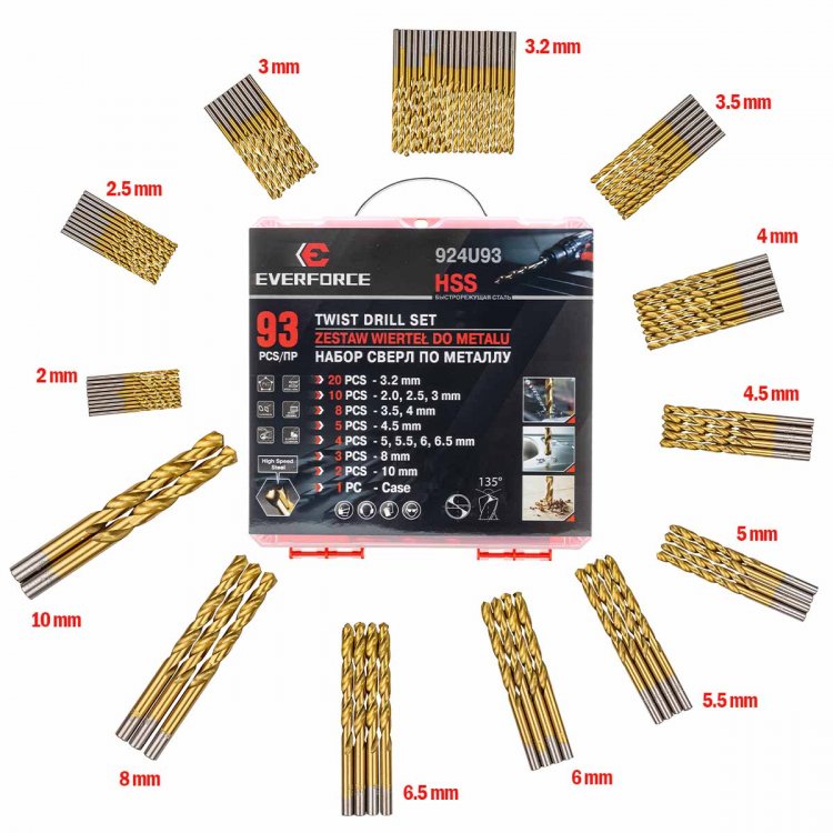 Набор сверл по металлу,93пр.(3.2-20шт;2,2.5,3-по10шт;3.5,4-по 8 шт;4.5-5шт;5,5.5,6,6.5-по 4шт;8-3шт;10-2шт)в кейсе