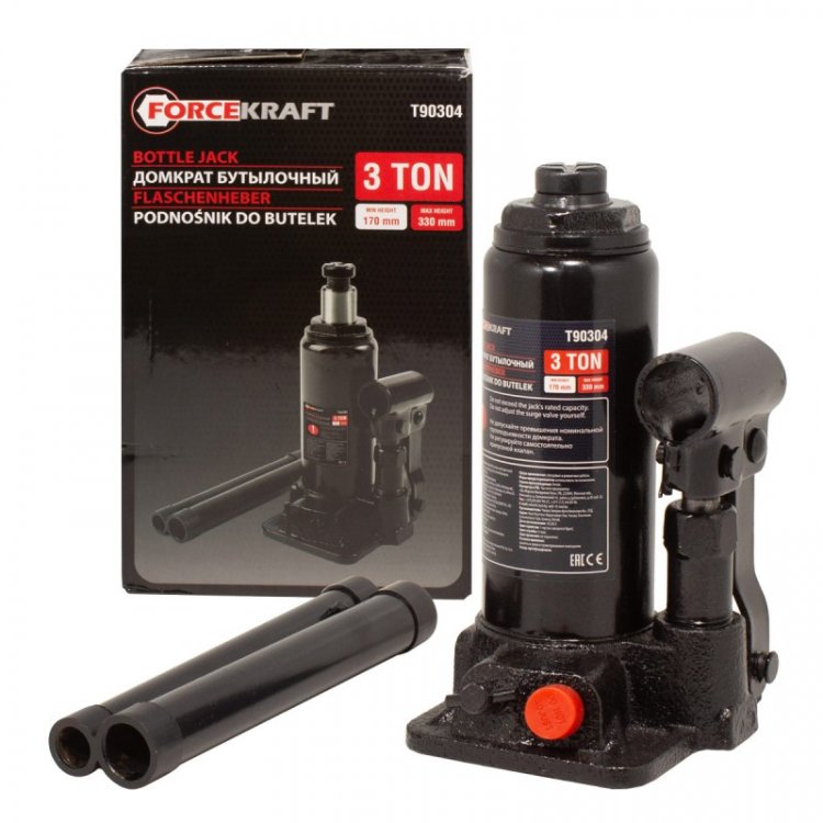 Домкрат гидравлический бутылочный, 3т (с предохранительным клапаном, минимальная высота: 180 мм, ход штока: 105 мм, ход винта: 60 мм, максимальная выс Домкрат гидравлический бутылочный, 3т (с предохранительным клапаном, минимальная высота: 180 мм, ход штока: 105 мм, ход винта: 60 мм, максимальная выс