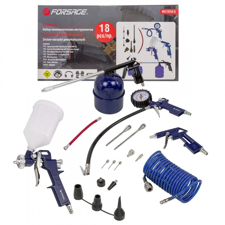 Набор пневмоинструмента 18пр.(краскопульт-сопло 1.5мм;обдувочник-сопла 110,140мм;подкачка+10 адаптеров и 1 шланг для подкачки;промывка;шланг 5м) Набор пневмоинструмента 18пр.(краскопульт-сопло 1.5мм;обдувочник-сопла 110,140мм;подкачка+10 адаптеров и 1 шланг для подкачки;промывка;шланг 5м)