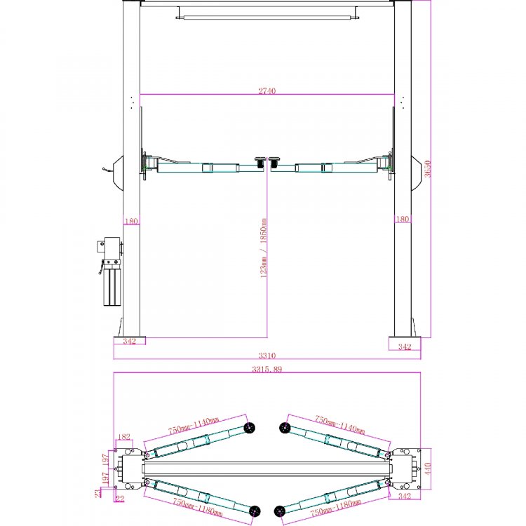 Подъемник г/п 4 т. упр.стопорами на 1-й колонне с анкерами и проставками