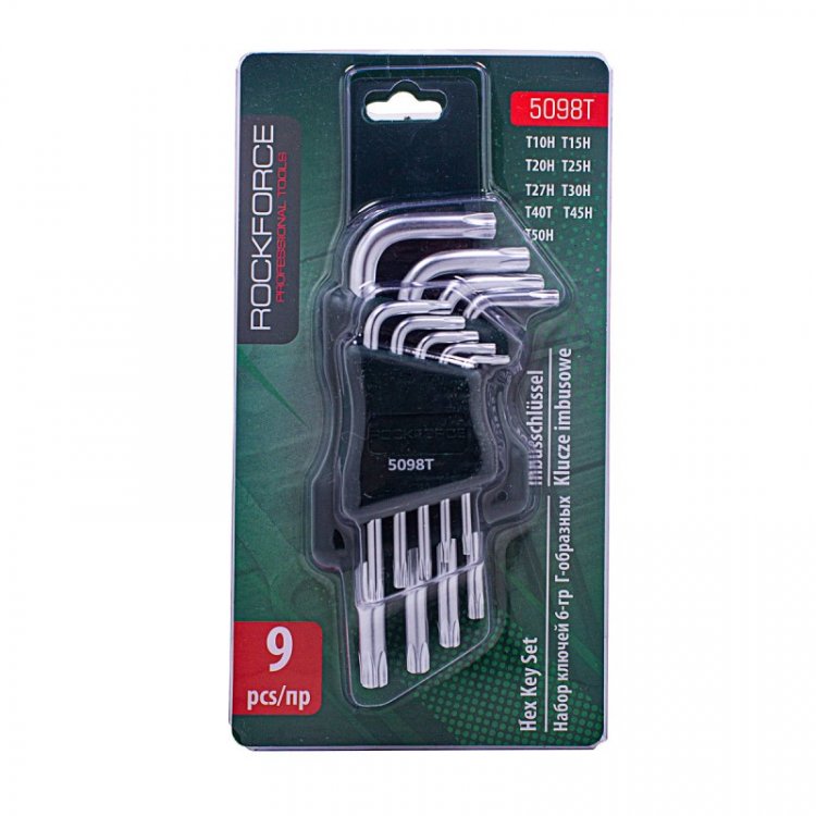 Набор ключей Г-образных TORX 9пр.(Т10Н, Т15Н, Т20Н, Т25Н,Т27Н, Т30Н, Т40Т, Т45Н,Т50Н с отверстием)в пластиковом держателе