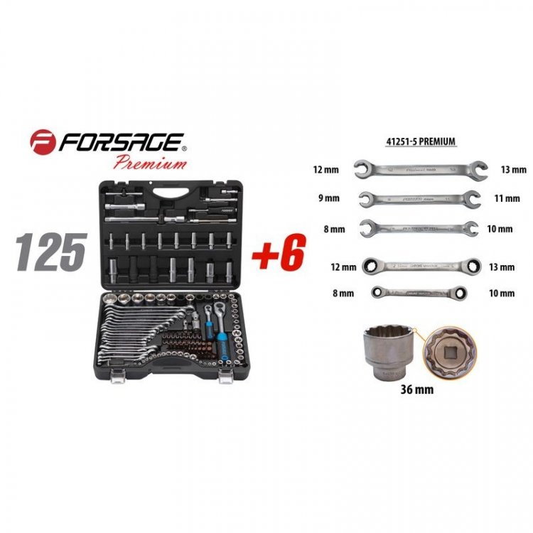 Набор инструментов 125+6пр.1/4" 1/2"(6-гран.)(4-36мм,36-12гр.)+(ключи трещоточные:8х10,12х13мм; ключи резрезные:8х10,9х11,12х13мм) Набор инструментов 125+6пр.1/4" 1/2"(6-гран.)(4-36мм,36-12гр.)+(ключи трещоточные:8х10,12х13мм; ключи резрезные:8х10,9х11,12х13мм)
