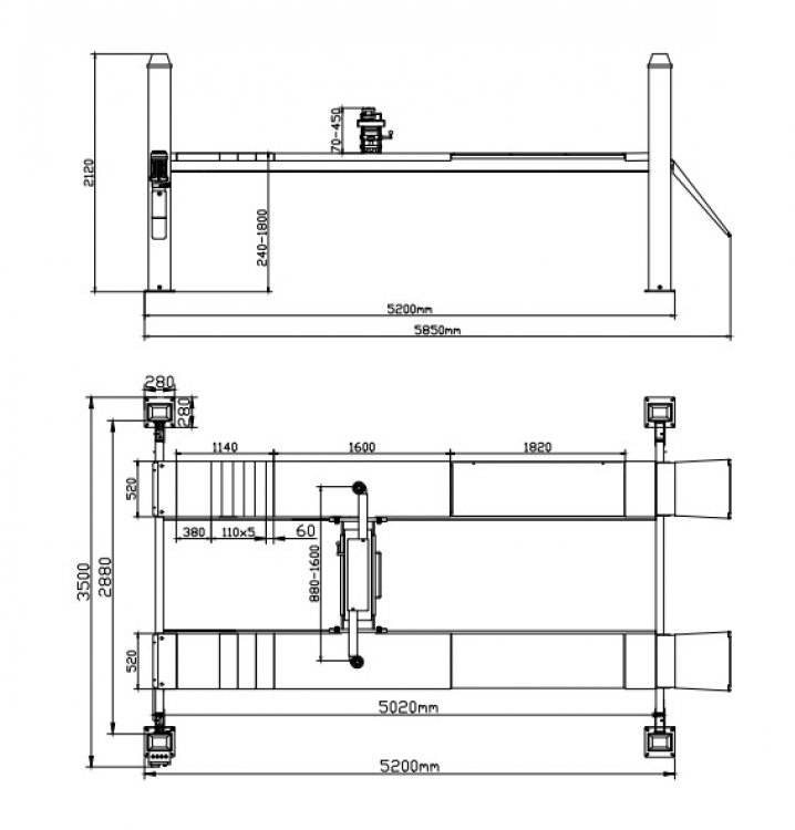 Подъемник комплект г/п 4 т. платформы 5020 мм для сход-развала KraftWell арт. QUATTRO 4W5.0